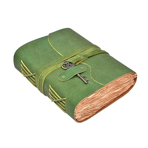 LEATHER VILLAGE Vintage Leather Journal – 200 Handmade Vintage Deckle Edge Paper – Leather bound Journal For Women Men – Vintage Key Closure - Book of Shadows - Green - 8X6 inches (A5)