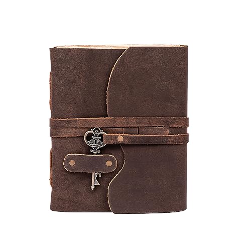 LEATHER VILLAGE Vintage Leather Journal – 200 Handmade Vintage Deckle Edge Paper – Leather bound Journal For Women Men – Vintage Key Closure - Book of Shadows - Chocolate Brown - 8X6 inches (A5)