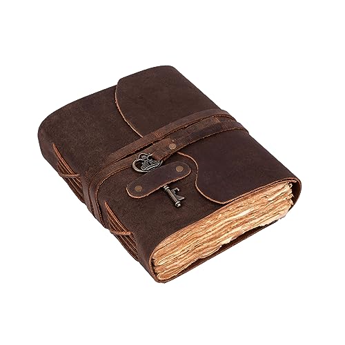 LEATHER VILLAGE Vintage Leather Journal – 200 Handmade Vintage Deckle Edge Paper – Leather bound Journal For Women Men – Vintage Key Closure - Book of Shadows - Chocolate Brown - 8X6 inches (A5)