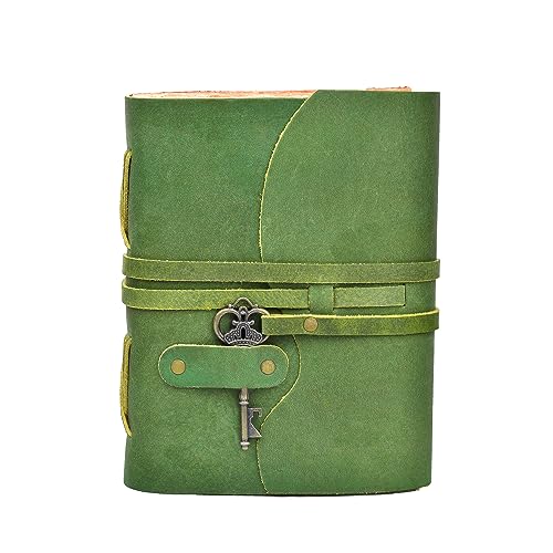 LEATHER VILLAGE Vintage Leather Journal – 200 Handmade Vintage Deckle Edge Paper – Leather bound Journal For Women Men – Vintage Key Closure - Book of Shadows - Green - 8X6 inches (A5)