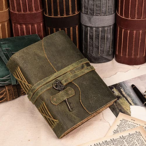 LEATHER VILLAGE Vintage Leather Journal – 200 Handmade Vintage Deckle Edge Paper – Leather bound Journal For Women Men – Vintage Key Closure - Book of Shadows - Green - 8X6 inches (A5)