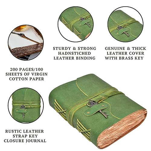 LEATHER VILLAGE Vintage Leather Journal – 200 Handmade Vintage Deckle Edge Paper – Leather bound Journal For Women Men – Vintage Key Closure - Book of Shadows - Green - 8X6 inches (A5)