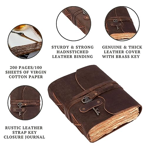 LEATHER VILLAGE Vintage Leather Journal – 200 Handmade Vintage Deckle Edge Paper – Leather bound Journal For Women Men – Vintage Key Closure - Book of Shadows - Chocolate Brown - 8X6 inches (A5)